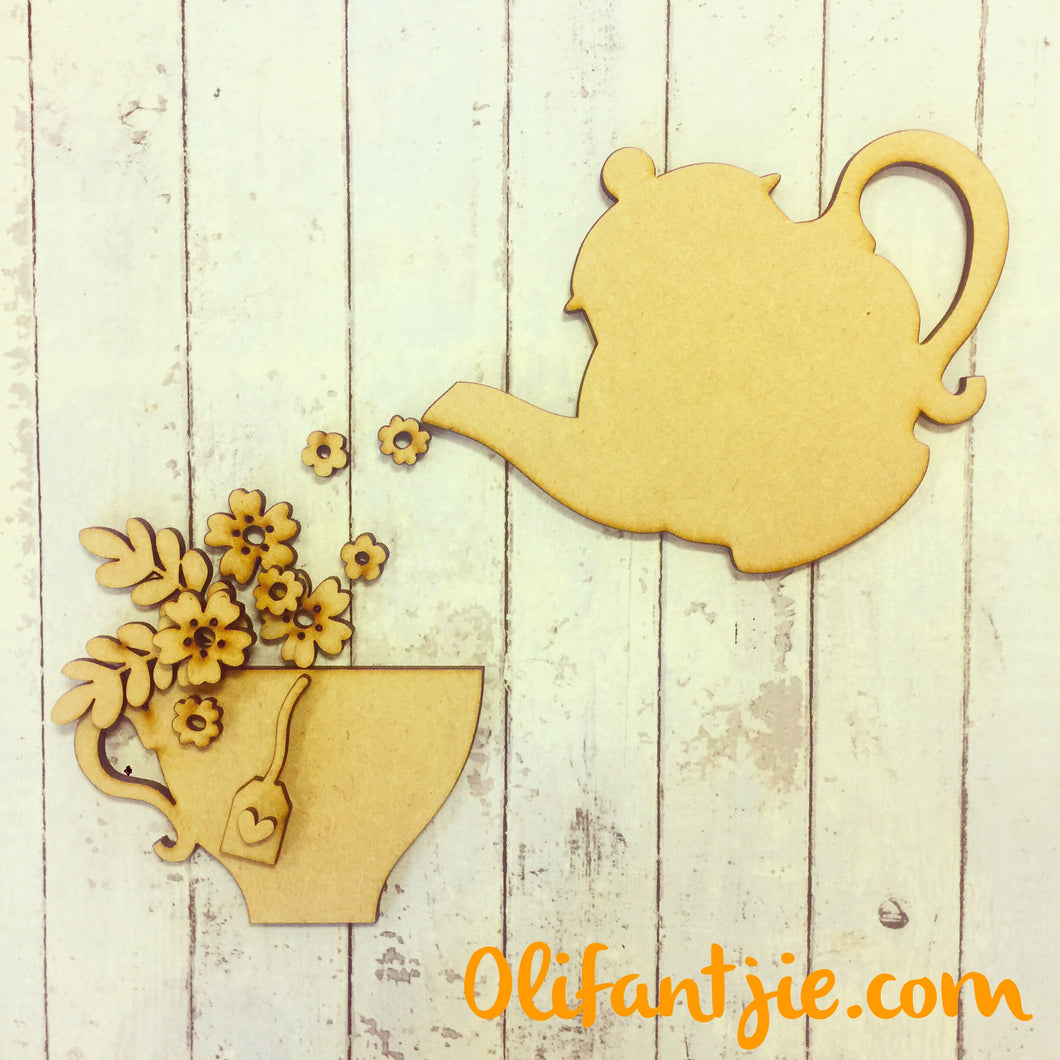 OL222 - MDF Teapot and Teacup with Flowers - Olifantjie - Wooden - MDF - Lasercut - Blank - Craft - Kit - Mixed Media - UK