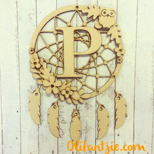 DC014 - MDF Owl Dream Catcher - with Initial, Initials, Name or Wording - Olifantjie - Wooden - MDF - Lasercut - Blank - Craft - Kit - Mixed Media - UK