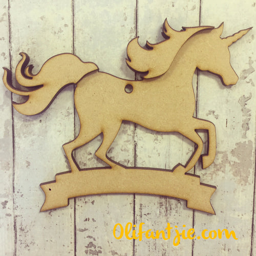 CH035 - MDF Unicorn Bauble with Banner - Olifantjie - Wooden - MDF - Lasercut - Blank - Craft - Kit - Mixed Media - UK