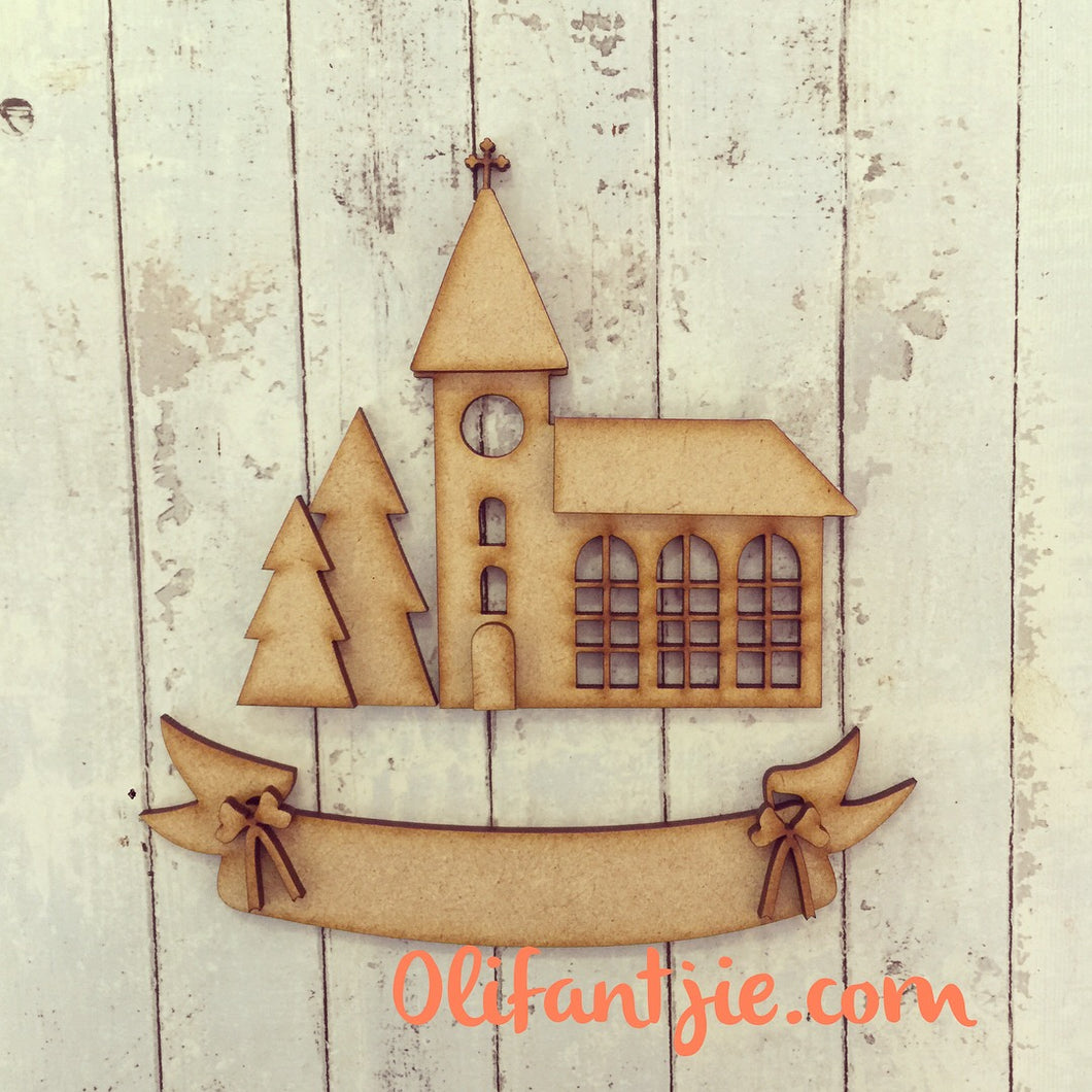 OL042 - MDF Church and Banner Set - Olifantjie - Wooden - MDF - Lasercut - Blank - Craft - Kit - Mixed Media - UK