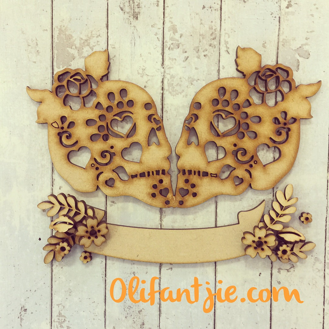 OL227 - MDF Two Female Mexican Day of Dead Skulls with Flowers - Olifantjie - Wooden - MDF - Lasercut - Blank - Craft - Kit - Mixed Media - UK