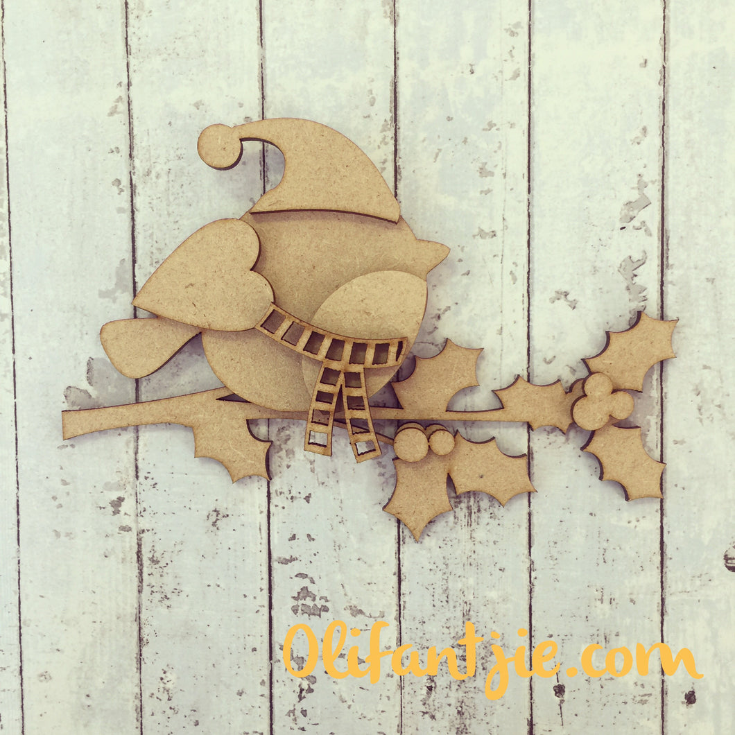 CH015 - MDF Christmas Robin with Holly Branch Set - Olifantjie - Wooden - MDF - Lasercut - Blank - Craft - Kit - Mixed Media - UK