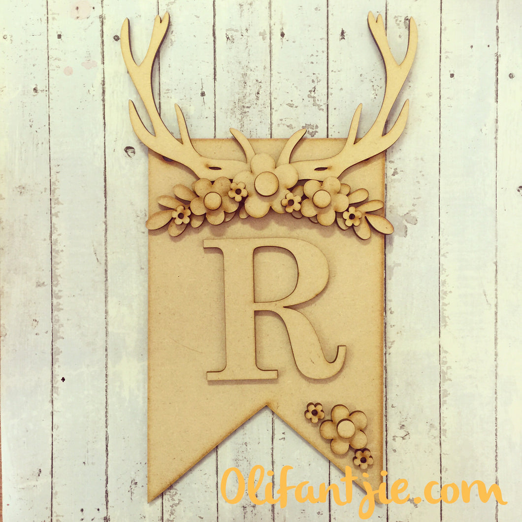 MDF Stag Horn Hanging Flag - with Flowers & Initial or Number - Olifantjie - Wooden - MDF - Lasercut - Blank - Craft - Kit - Mixed Media - UK