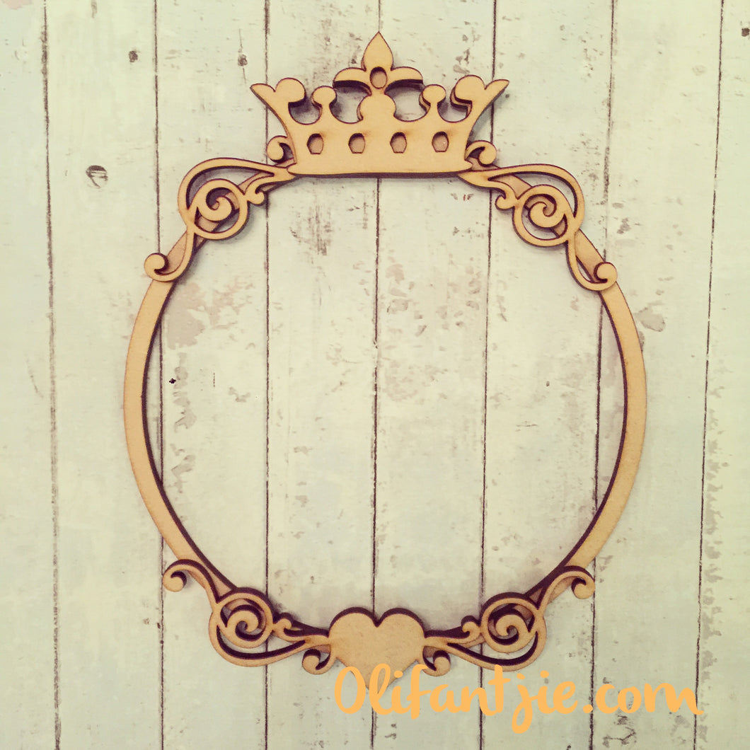 OL051 - MDF Crown Flourish - Round Heart Frame - Olifantjie - Wooden - MDF - Lasercut - Blank - Craft - Kit - Mixed Media - UK