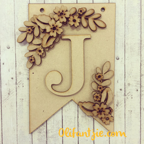 OL105 - MDF Initial Flag with Flowers - Olifantjie - Wooden - MDF - Lasercut - Blank - Craft - Kit - Mixed Media - UK