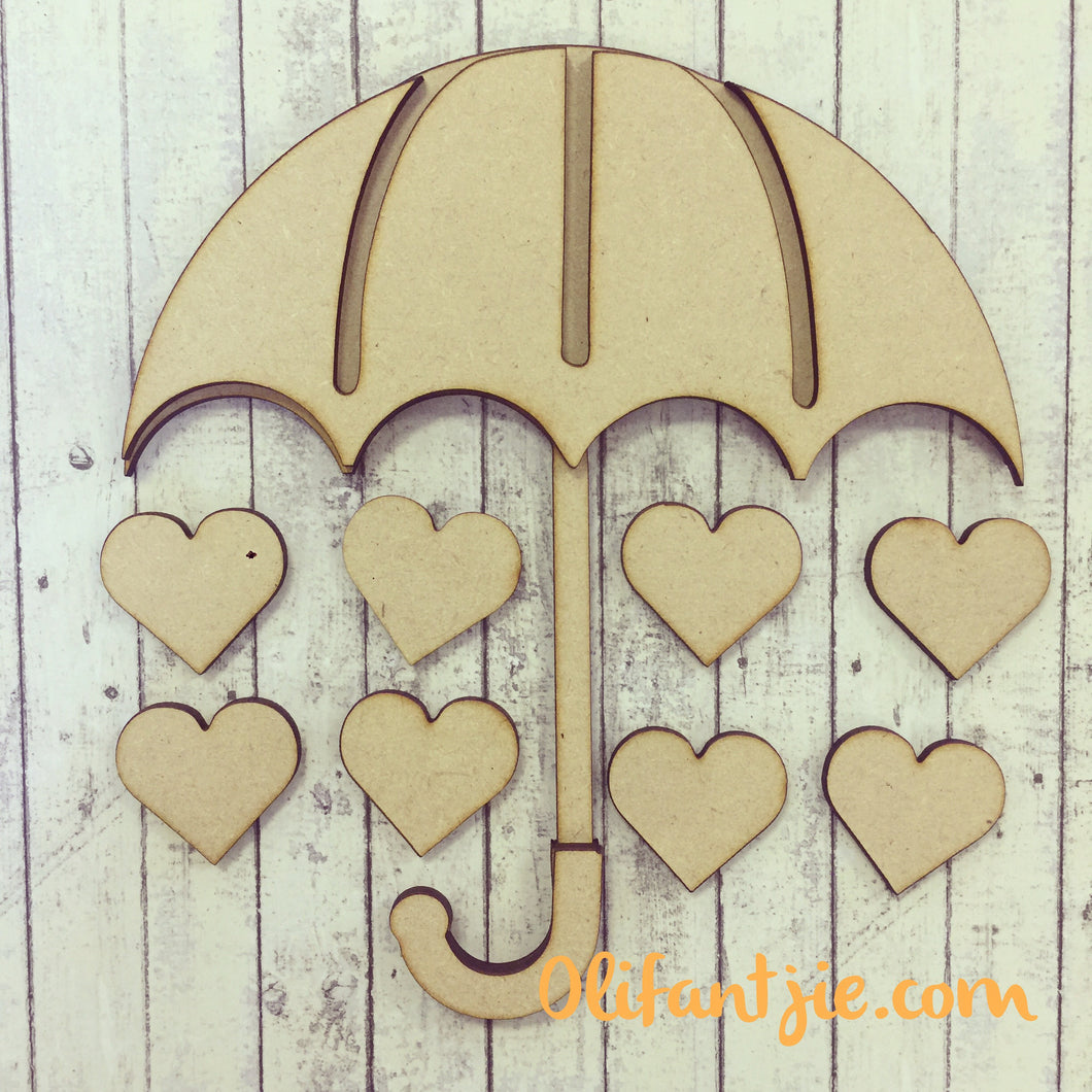 OL161 - MDF Raining Love Umbrella with Hearts - Olifantjie - Wooden - MDF - Lasercut - Blank - Craft - Kit - Mixed Media - UK