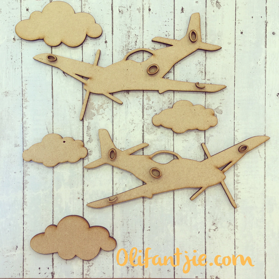 OL180 - MDF Fighter Planes and Clouds - Set of 2 - Olifantjie - Wooden - MDF - Lasercut - Blank - Craft - Kit - Mixed Media - UK