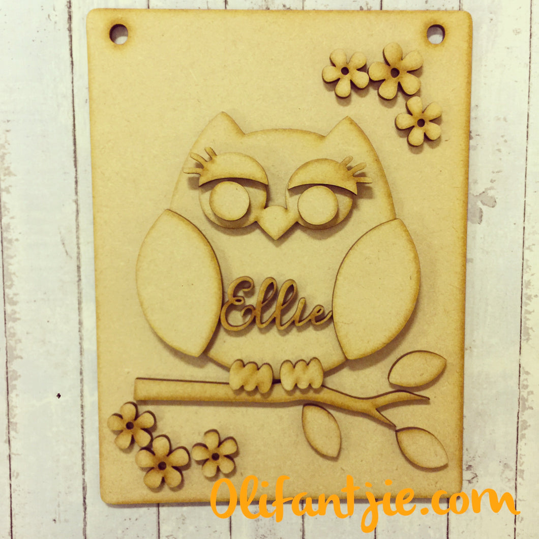 OL148 - MDF Personalised Owl Hanging Plaque - Olifantjie - Wooden - MDF - Lasercut - Blank - Craft - Kit - Mixed Media - UK