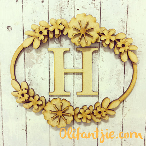W012 - MDF Oval Initial Wreath - with Retro Flowers - Olifantjie - Wooden - MDF - Lasercut - Blank - Craft - Kit - Mixed Media - UK