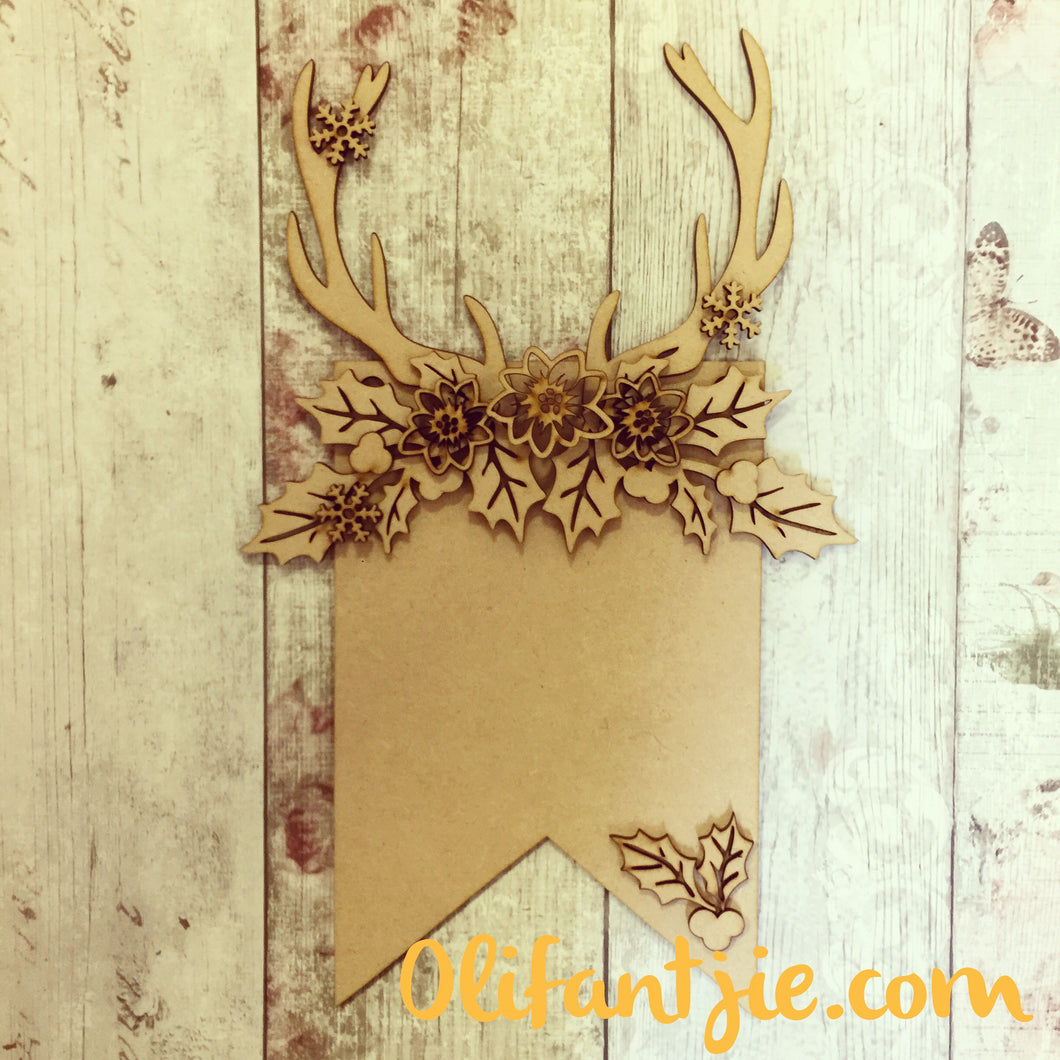 CH028 - MDF Reindeer Horns Hanging Flag with Holly & Poinsettia - Olifantjie - Wooden - MDF - Lasercut - Blank - Craft - Kit - Mixed Media - UK