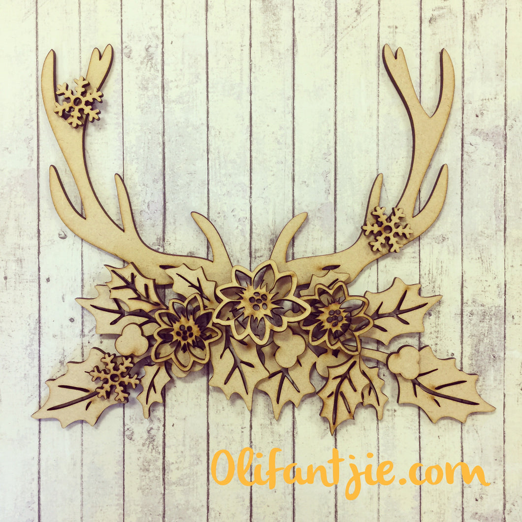 CH029 - MDF Reindeer Horns with Holly & Poinsettia - Olifantjie - Wooden - MDF - Lasercut - Blank - Craft - Kit - Mixed Media - UK