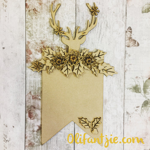 CH026 - MDF Reindeer Head Hanging Flag with Holly & Poinsettia - Olifantjie - Wooden - MDF - Lasercut - Blank - Craft - Kit - Mixed Media - UK
