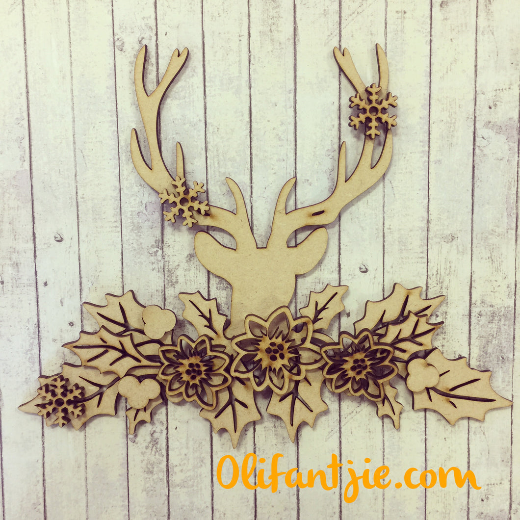 CH027 - MDF Reindeer Head with Holly & Poinsettia - Olifantjie - Wooden - MDF - Lasercut - Blank - Craft - Kit - Mixed Media - UK
