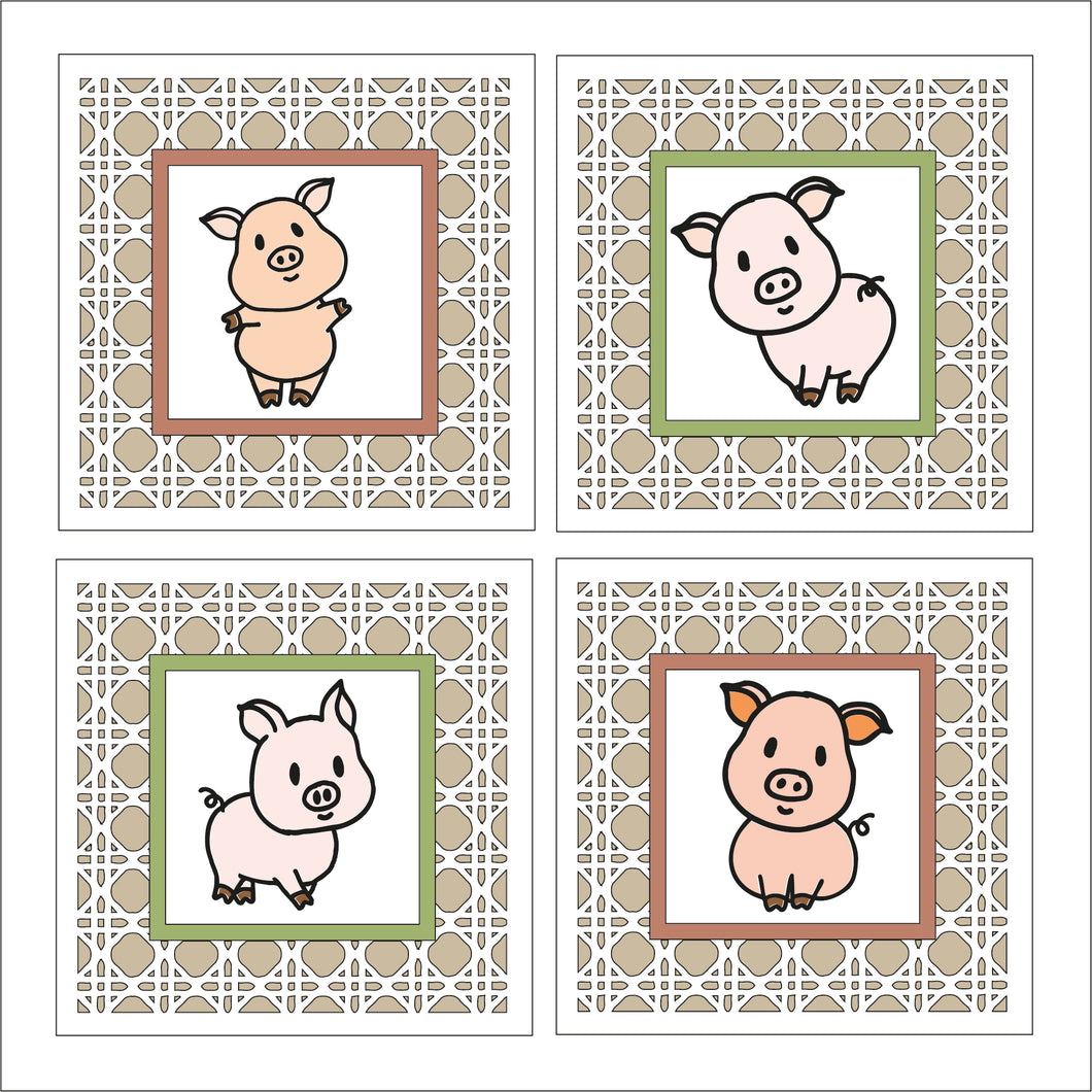 OL1774 - MDF set 4 rattan effect plaques - doodle Farm Pigs - Olifantjie - Wooden - MDF - Lasercut - Blank - Craft - Kit - Mixed Media - UK