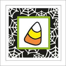 OL1877 - MDF Halloween Spider Web effect square plaque with doodle - Candy Corn - Olifantjie - Wooden - MDF - Lasercut - Blank - Craft - Kit - Mixed Media - UK