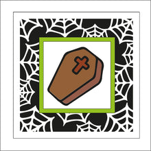 OL1879 - MDF Halloween Spider Web effect square plaque with doodle - Coffin - Olifantjie - Wooden - MDF - Lasercut - Blank - Craft - Kit - Mixed Media - UK