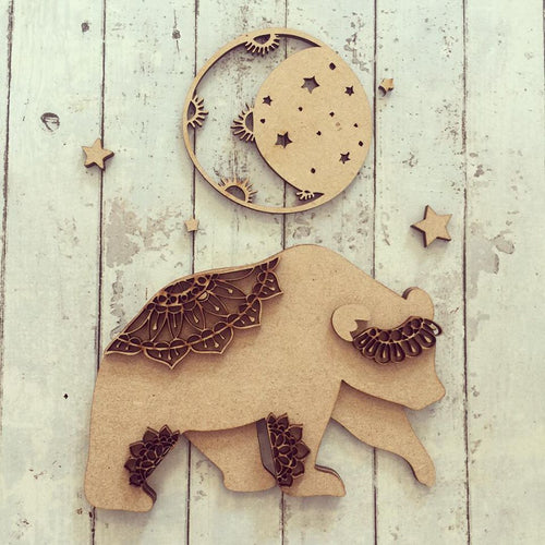 SJ062 - MDF Bear Moon Mandala Kit - Olifantjie - Wooden - MDF - Lasercut - Blank - Craft - Kit - Mixed Media - UK