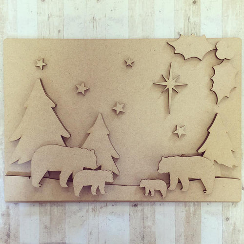 CH051 - MDF Large Bear Winter Scene - Olifantjie - Wooden - MDF - Lasercut - Blank - Craft - Kit - Mixed Media - UK