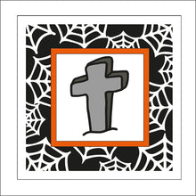 OL1881 - MDF Halloween Spider Web effect square Plaque with Doodle - Cross gravestone - Olifantjie - Wooden - MDF - Lasercut - Blank - Craft - Kit - Mixed Media - UK
