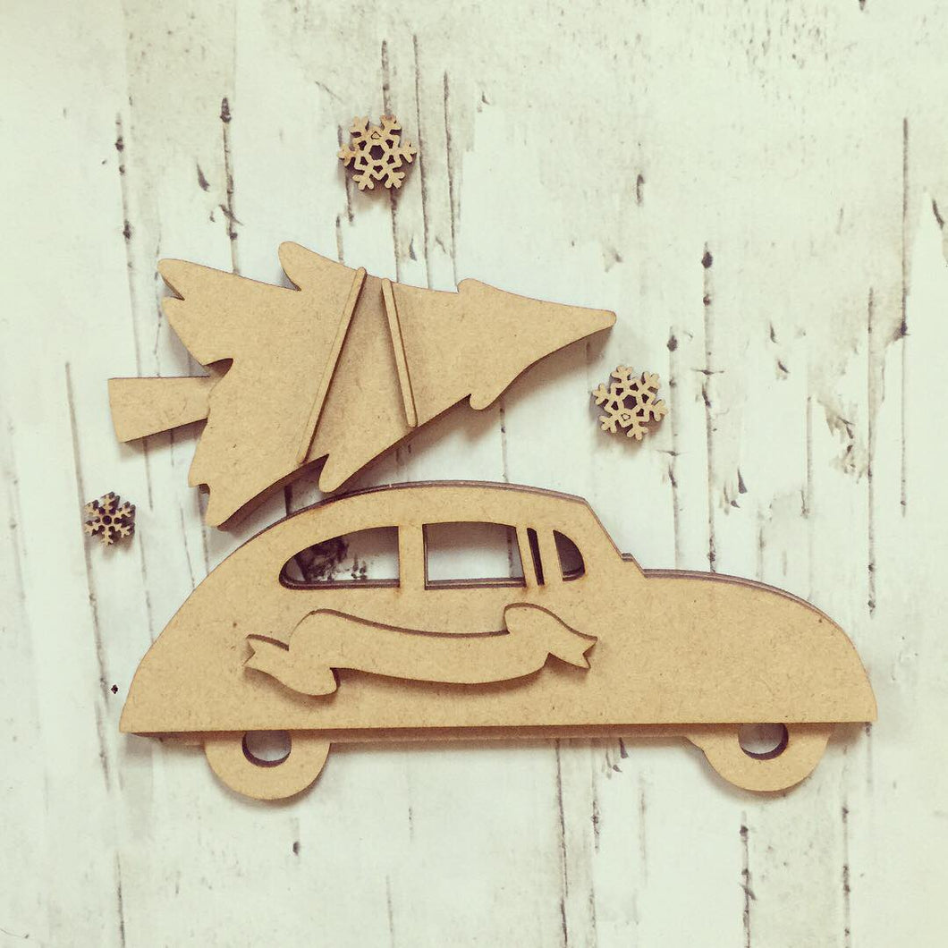 CH057 - MDF Car with Christmas Tree - Olifantjie - Wooden - MDF - Lasercut - Blank - Craft - Kit - Mixed Media - UK