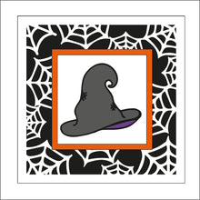OL1884 - MDF Halloween Spider Web effect square plaque with doodle - Witch Hat - Olifantjie - Wooden - MDF - Lasercut - Blank - Craft - Kit - Mixed Media - UK