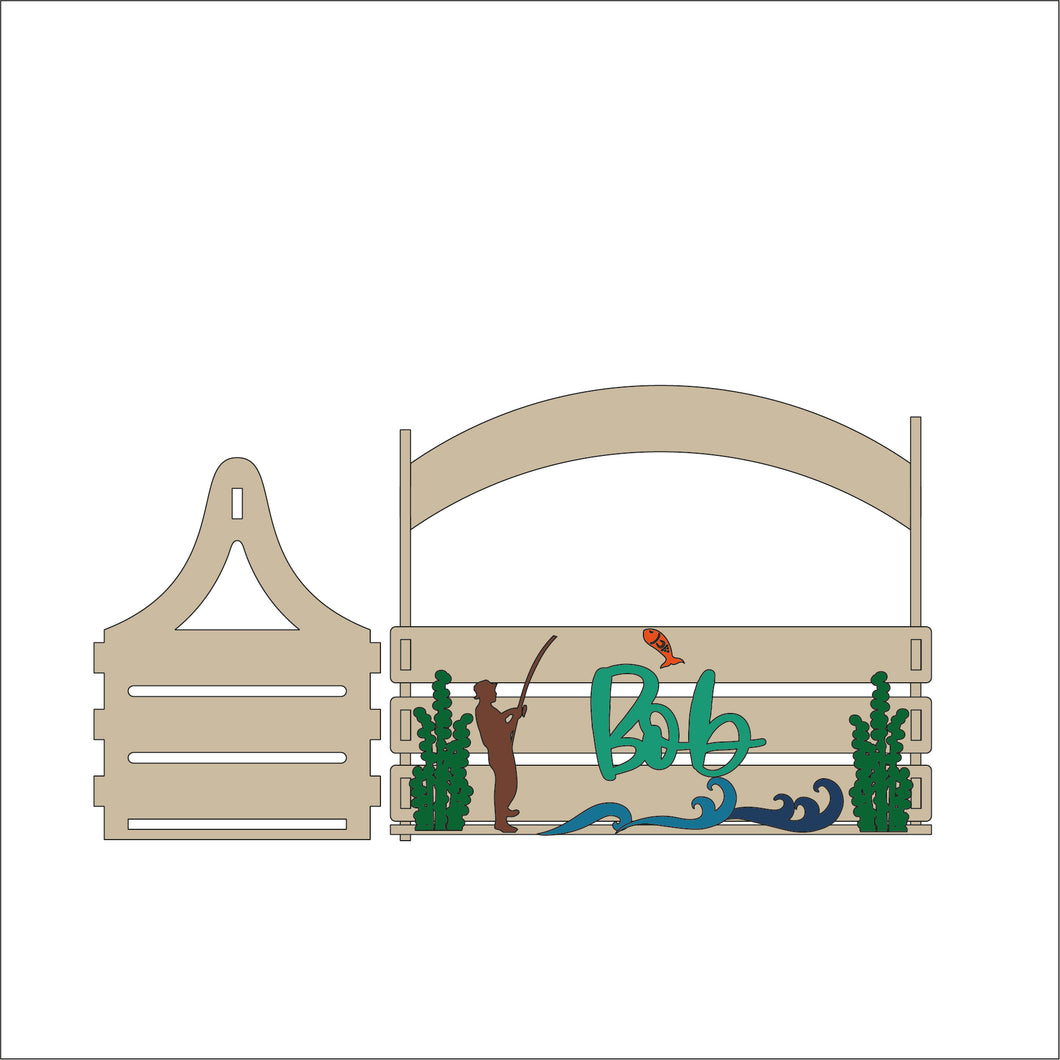 BK015 - MDF Slatted Basket -  Personalised Fishing Theme - Olifantjie - Wooden - MDF - Lasercut - Blank - Craft - Kit - Mixed Media - UK