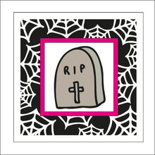 OL1893 - MDF Halloween Spider Web effect square plaque with doodle - Gravestone - Olifantjie - Wooden - MDF - Lasercut - Blank - Craft - Kit - Mixed Media - UK