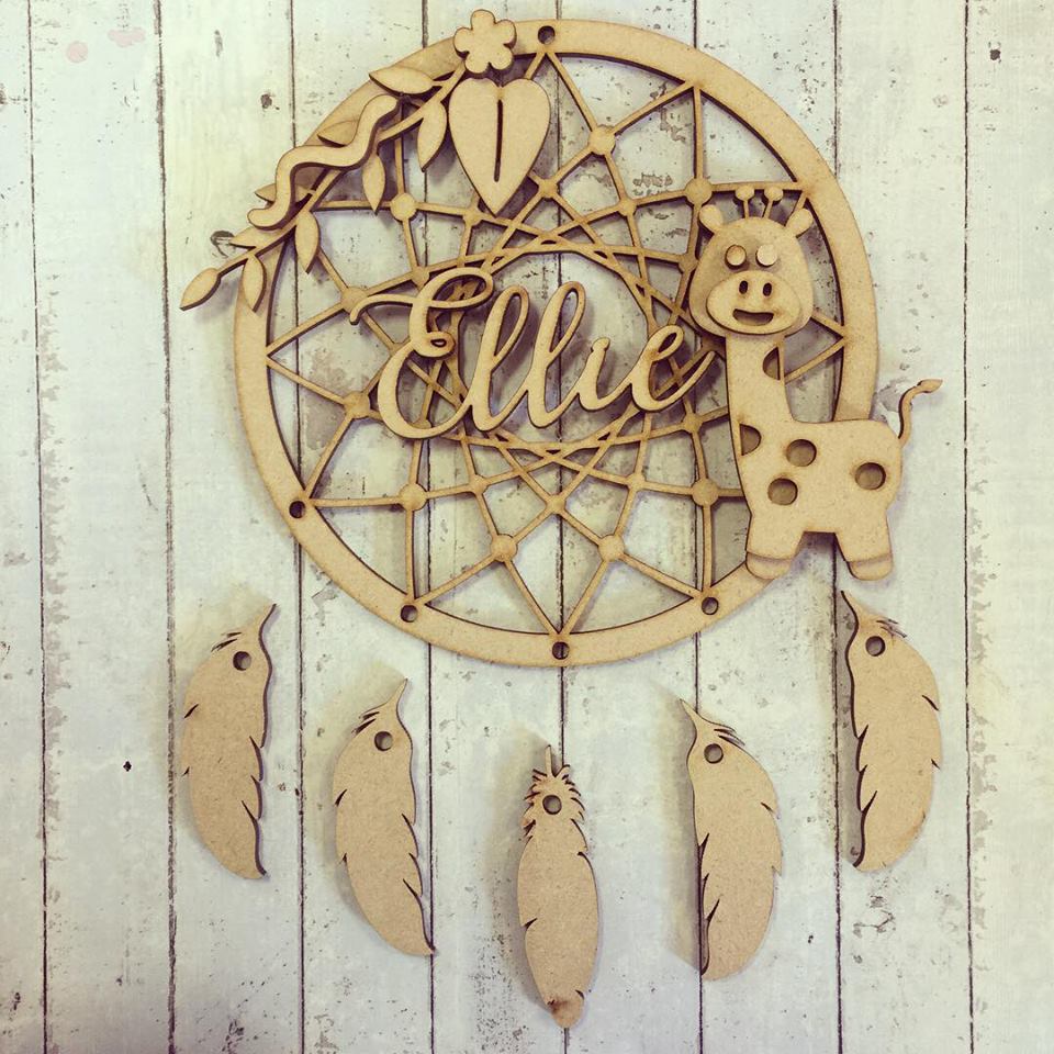 DC021 - MDF Giraffe Dream Catcher - with Initial, Initials, Name or Wording - Olifantjie - Wooden - MDF - Lasercut - Blank - Craft - Kit - Mixed Media - UK