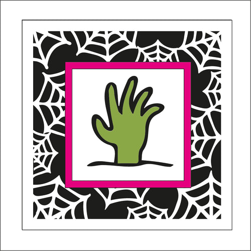OL1889 - MDF Halloween Spider Web effect square plaque with doodle - Zombie Hand - Olifantjie - Wooden - MDF - Lasercut - Blank - Craft - Kit - Mixed Media - UK