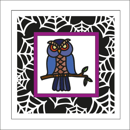 OL1909 - MDF Halloween Spider Web effect square plaque with doodle - Owl - Olifantjie - Wooden - MDF - Lasercut - Blank - Craft - Kit - Mixed Media - UK