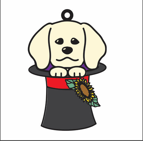 DN021 - MDF Doodle Dog 1 Sunflower Hat Hanging - With or without Banner - Olifantjie - Wooden - MDF - Lasercut - Blank - Craft - Kit - Mixed Media - UK