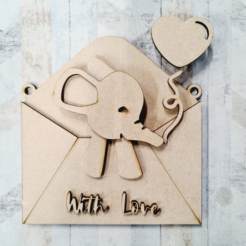 OL1254 - MDF Layered Envelope - Optional Hanging - Elephant  - Heart Balloon - Olifantjie - Wooden - MDF - Lasercut - Blank - Craft - Kit - Mixed Media - UK