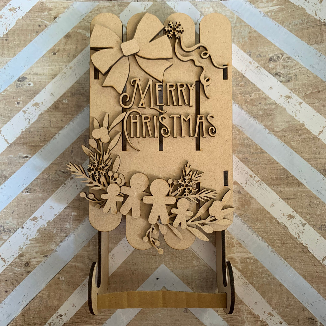 CH429 - MDF Large  25cm 3d Sleigh  - Gingerbreads - Olifantjie - Wooden - MDF - Lasercut - Blank - Craft - Kit - Mixed Media - UK