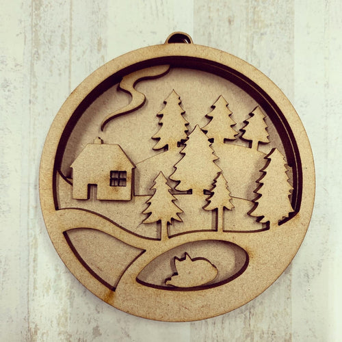 SJ273 - MDF Sarah Jane Multi Layered Woodland House Scene Bauble Hanging Decoration - Olifantjie - Wooden - MDF - Lasercut - Blank - Craft - Kit - Mixed Media - UK