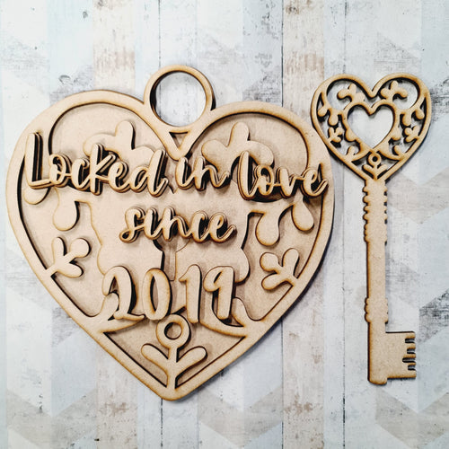 OL1277 - MDF Double Layered Ornate Heart Padlock and Key with your date - Olifantjie - Wooden - MDF - Lasercut - Blank - Craft - Kit - Mixed Media - UK