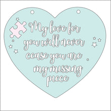 OL2849 - MDf My love for you will never cease  (my/ out wording including plus hearts and jigsaw piece) - Olifantjie - Wooden - MDF - Lasercut - Blank - Craft - Kit - Mixed Media - UK