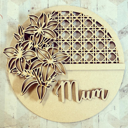 OL3026 - MDF Flower Lily Doodles - Round Rattan Personalised Layered Plaque - Style 1 - Olifantjie - Wooden - MDF - Lasercut - Blank - Craft - Kit - Mixed Media - UK