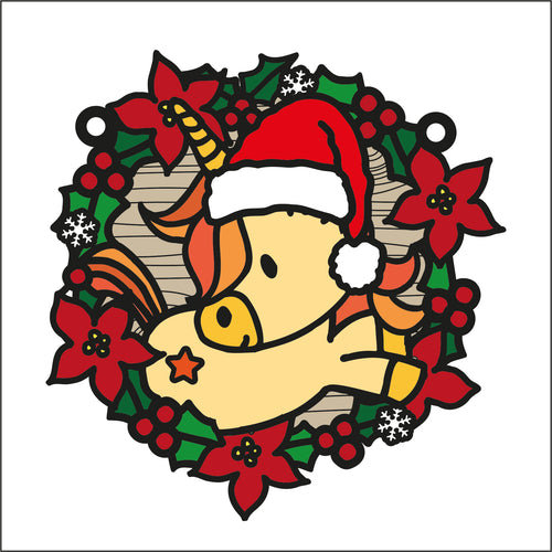 OL2743 - MDF Christmas Unicorn 2 doodle Large Holly Wreath Plaque - Olifantjie - Wooden - MDF - Lasercut - Blank - Craft - Kit - Mixed Media - UK