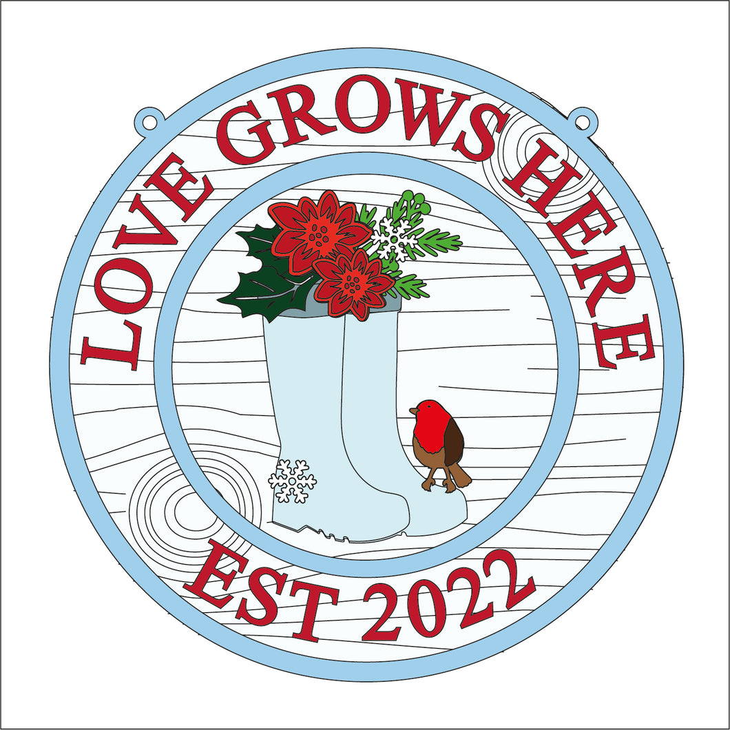 OL1643 - MDF Floral Wellies Circle ‘love  grows here’ est date Plaque - Poinsettia - Olifantjie - Wooden - MDF - Lasercut - Blank - Craft - Kit - Mixed Media - UK