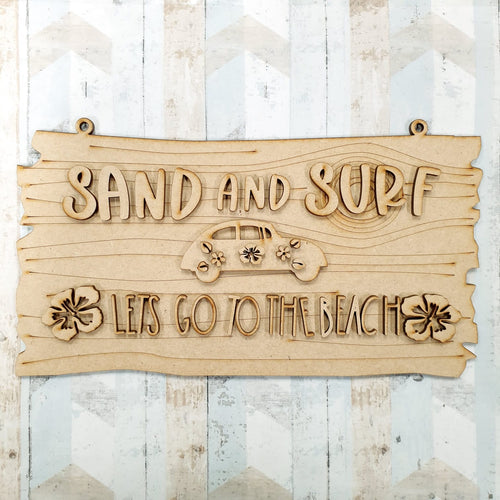 OL622 - MDF Sand & Surf ‘let’s go to the beach’ driftwood sign - Olifantjie - Wooden - MDF - Lasercut - Blank - Craft - Kit - Mixed Media - UK