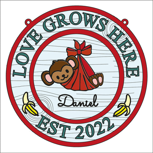 OL1729 - MDF Jungle personalised doodle Circle ‘love  grows here’ est date Plaque - Monkey 2 - Olifantjie - Wooden - MDF - Lasercut - Blank - Craft - Kit - Mixed Media - UK