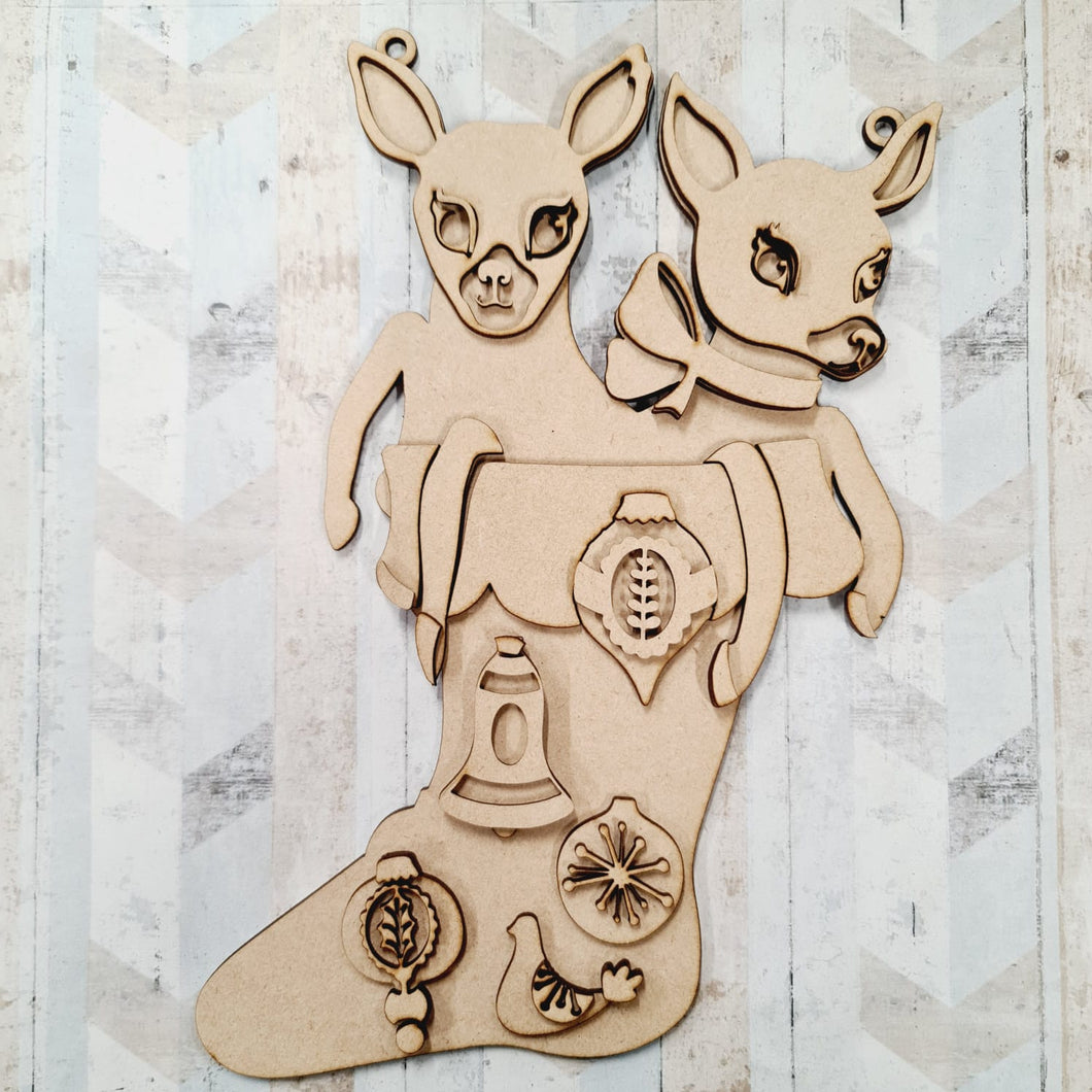 CH417 - MDF Christmas Kitsch Deer Stocking Hanging - Olifantjie - Wooden - MDF - Lasercut - Blank - Craft - Kit - Mixed Media - UK