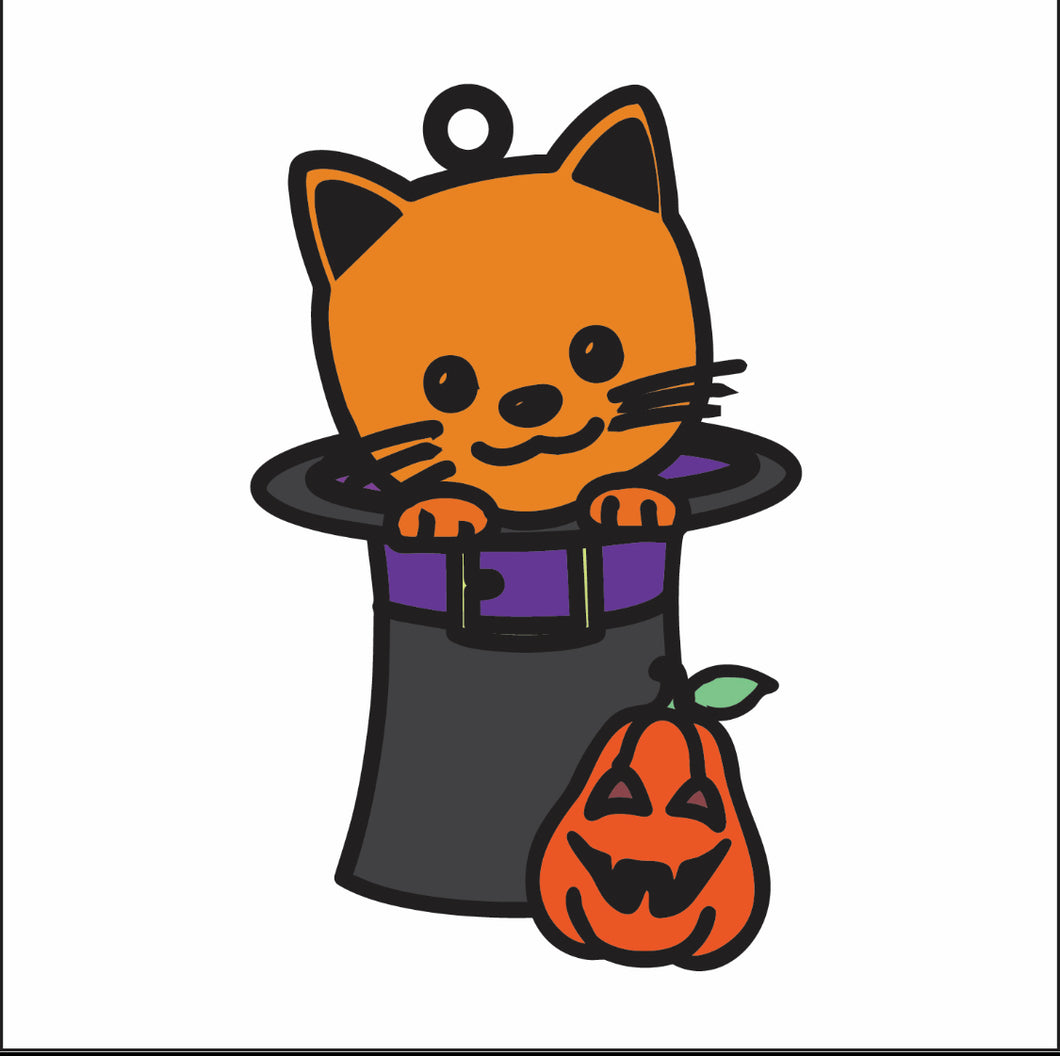 DN039 - MDF Doodle cat 2 Pumpkin Hat Hanging - With or without Banner - Olifantjie - Wooden - MDF - Lasercut - Blank - Craft - Kit - Mixed Media - UK