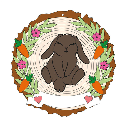 OL1378 - MDF Cute Bunny Woodslice Floral Plaque - Style 2 - Olifantjie - Wooden - MDF - Lasercut - Blank - Craft - Kit - Mixed Media - UK