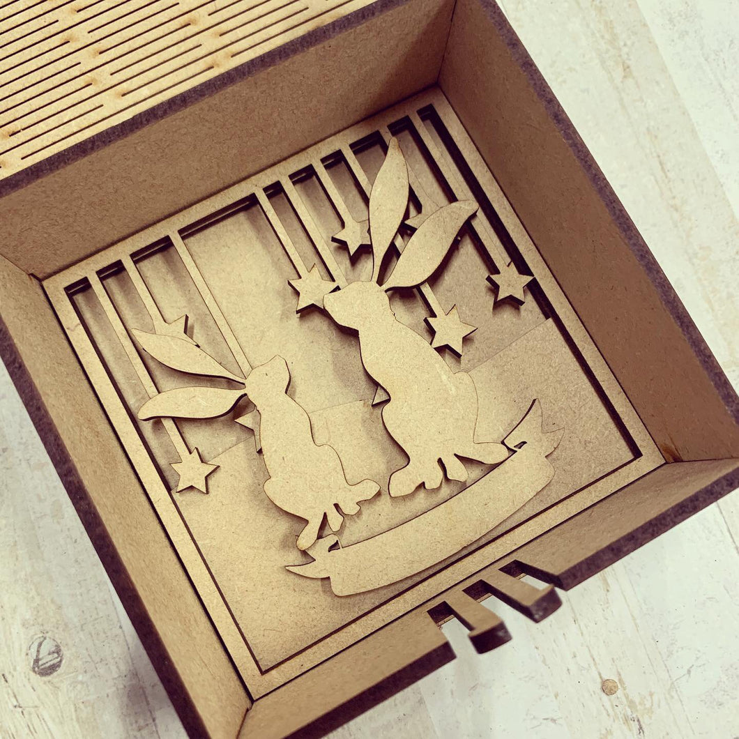 LH002 - MDF Sitting Moon Hares Frame Square 3D Plaque - Two Sizes - Olifantjie - Wooden - MDF - Lasercut - Blank - Craft - Kit - Mixed Media - UK