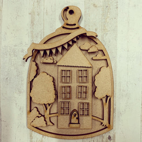 SJ267 - MDF House in Glass Cloche Hanging Bauble - Olifantjie - Wooden - MDF - Lasercut - Blank - Craft - Kit - Mixed Media - UK