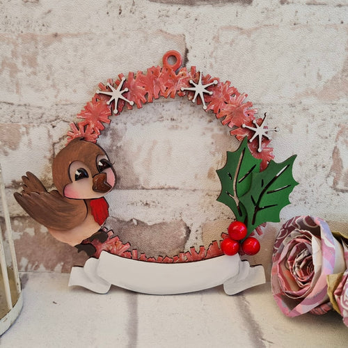 CH436  - MDF Winter Cute Kitsch Bird Tinsel Wreath Bauble - Olifantjie - Wooden - MDF - Lasercut - Blank - Craft - Kit - Mixed Media - UK