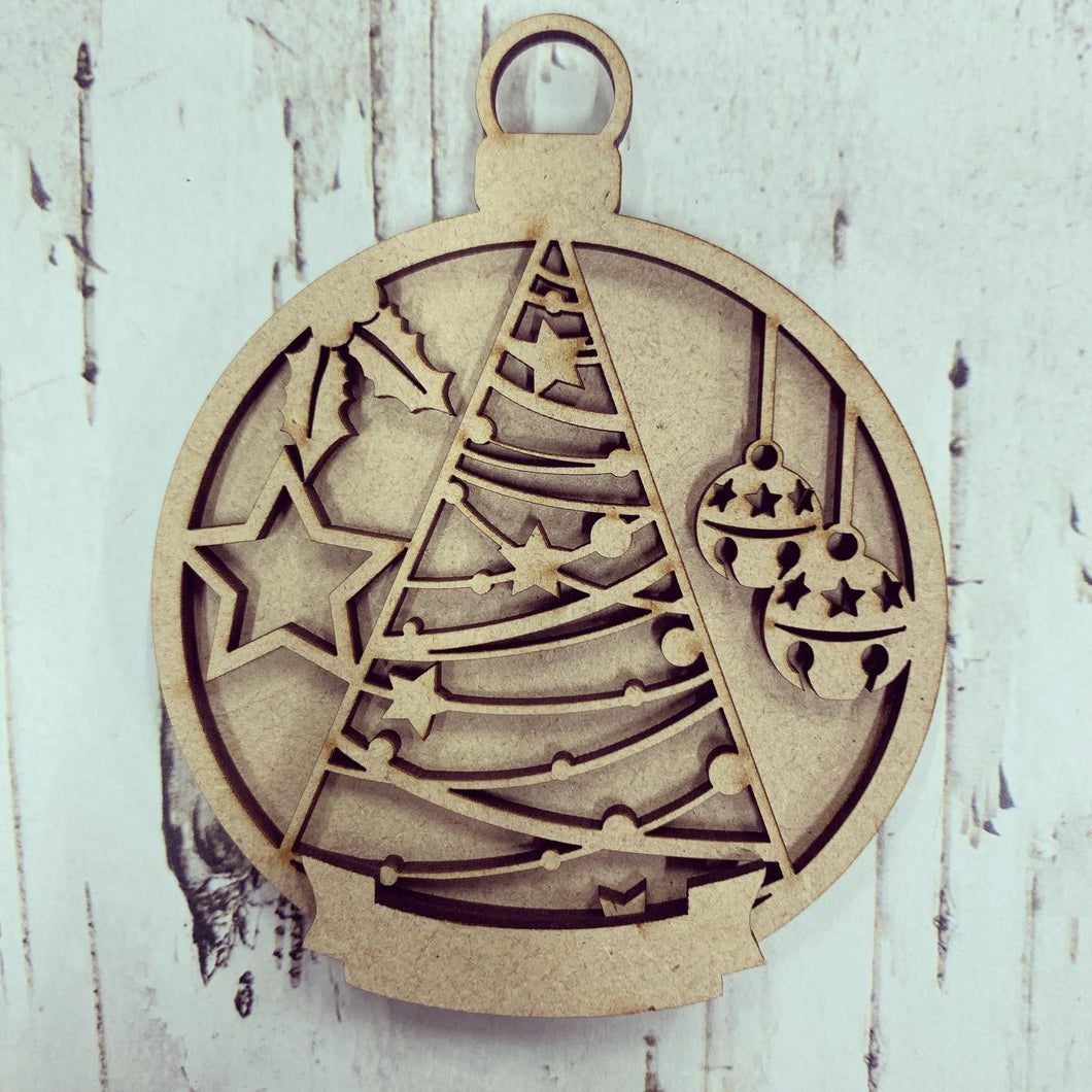 BD007 - Christmas Tree Christmas Bauble - with banner - Olifantjie - Wooden - MDF - Lasercut - Blank - Craft - Kit - Mixed Media - UK