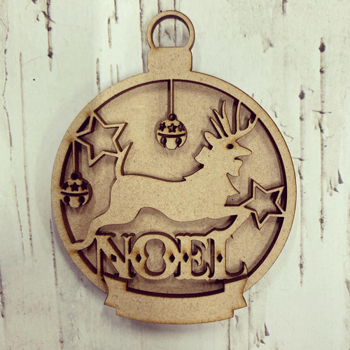 BD002 - Noel Reindeer Christmas Bauble - with banner - Olifantjie - Wooden - MDF - Lasercut - Blank - Craft - Kit - Mixed Media - UK