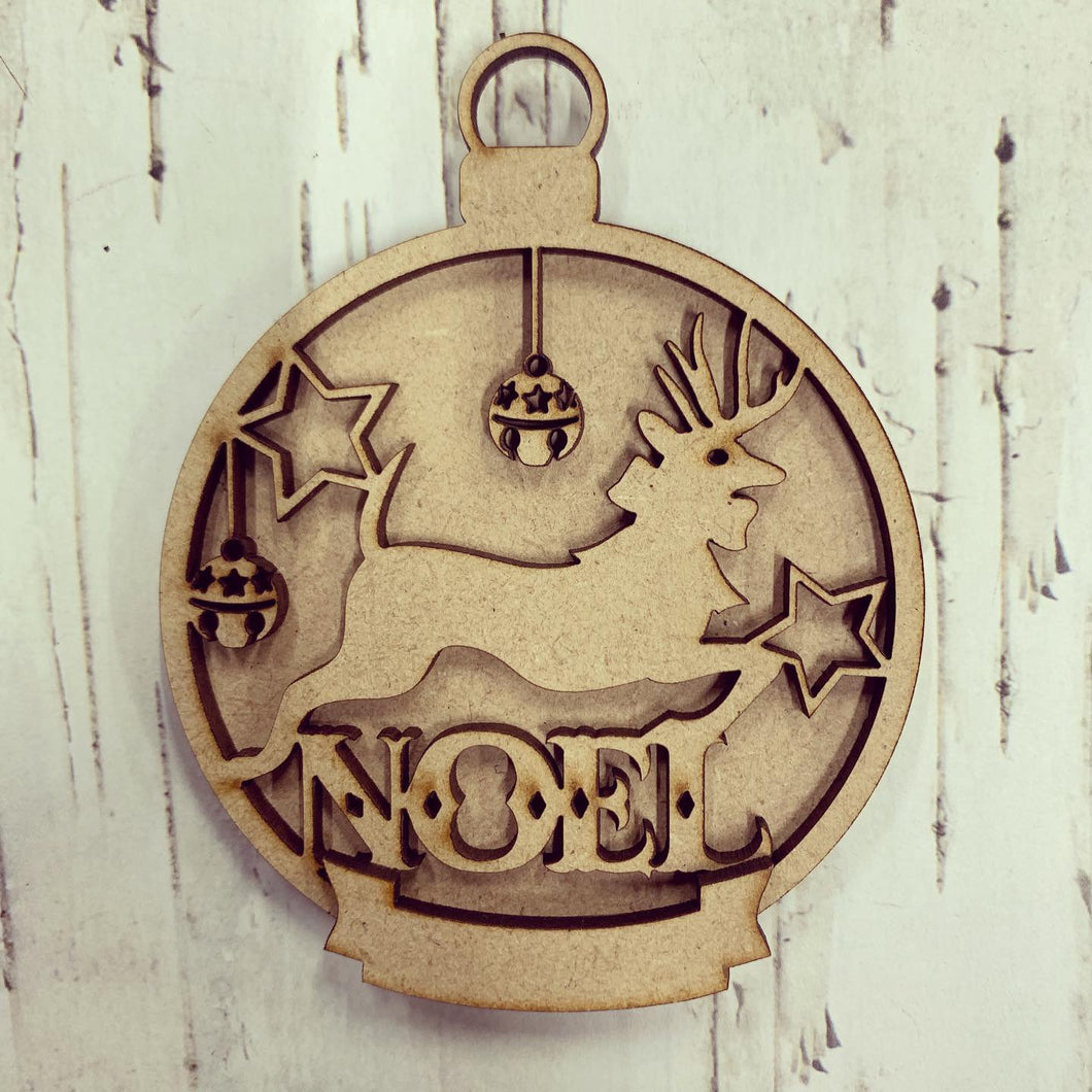 BD002 - Noel Reindeer Christmas Bauble - with banner - Olifantjie - Wooden - MDF - Lasercut - Blank - Craft - Kit - Mixed Media - UK
